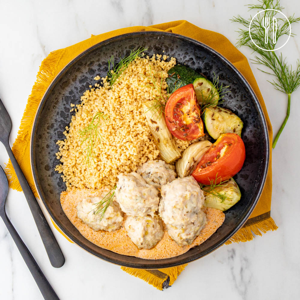 Chicken Koftas with Harissa Yoghurt and Chickpea Couscous Dinner Twist