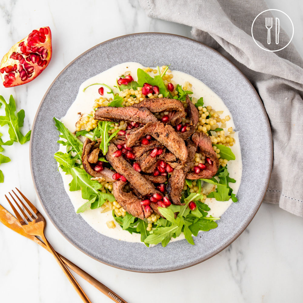 Sumac Steaks with Pomegranate Pearl Couscous Dinner Twist